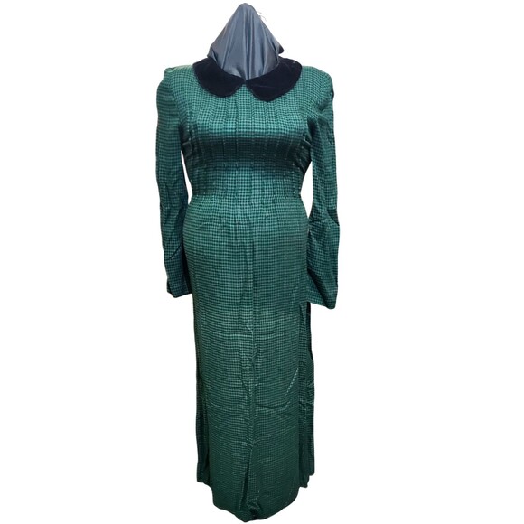 80s Green Buffalo Plaid Velvet Maxi Dress Prairie Holiday Whimsigoth Pleats Sz6 - Picture 1 of 15